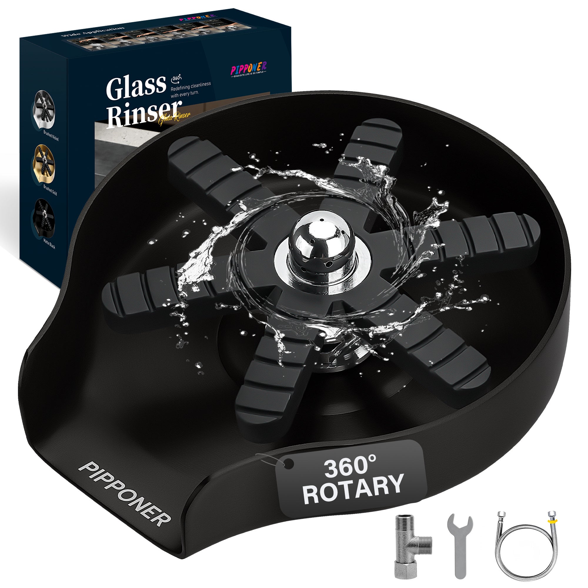 PIPPONER 360° High-Pressure Glass Rinser for Kitchen Sink – 5" Stainless Steel Cup Washer with Rotating Jet Nozzle