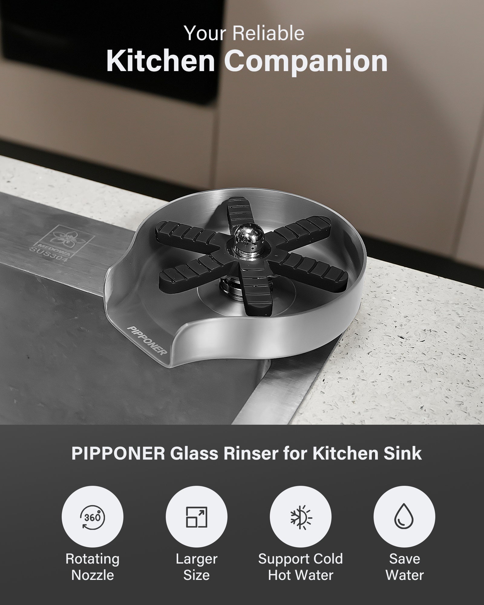 PIPPONER 360° High-Pressure Glass Rinser for Kitchen Sink – 5" Stainless Steel Cup Washer with Rotating Jet Nozzle