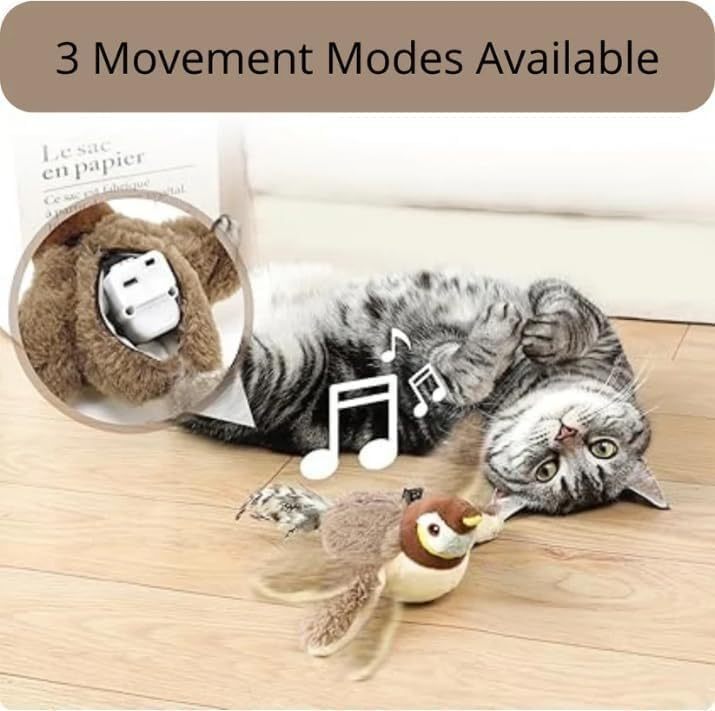 Interactive Chirping Bird Cat Toy – Rechargeable Flapping Feather Play Toy for Indoor Cats