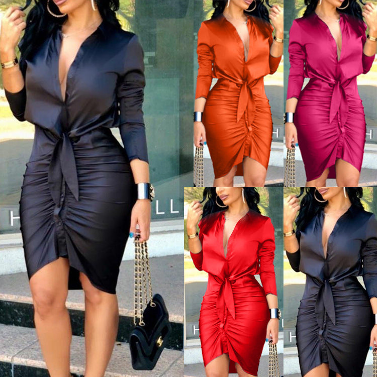 Elegant Lace-Up Long Sleeve Midi Shirt Dress for Women – Solid Color Partywear with Polo Collar