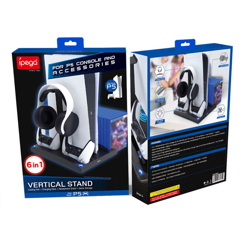 Multi-Function PS5 Cooling Stand with Dual Controller Charger, Headset Holder & Game Disc Storage