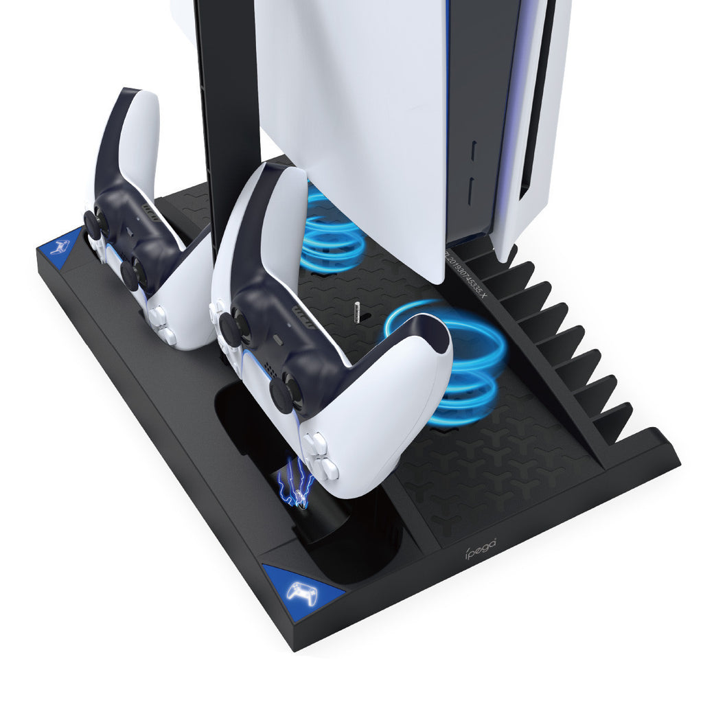 Multi-Function PS5 Cooling Stand with Dual Controller Charger, Headset Holder & Game Disc Storage