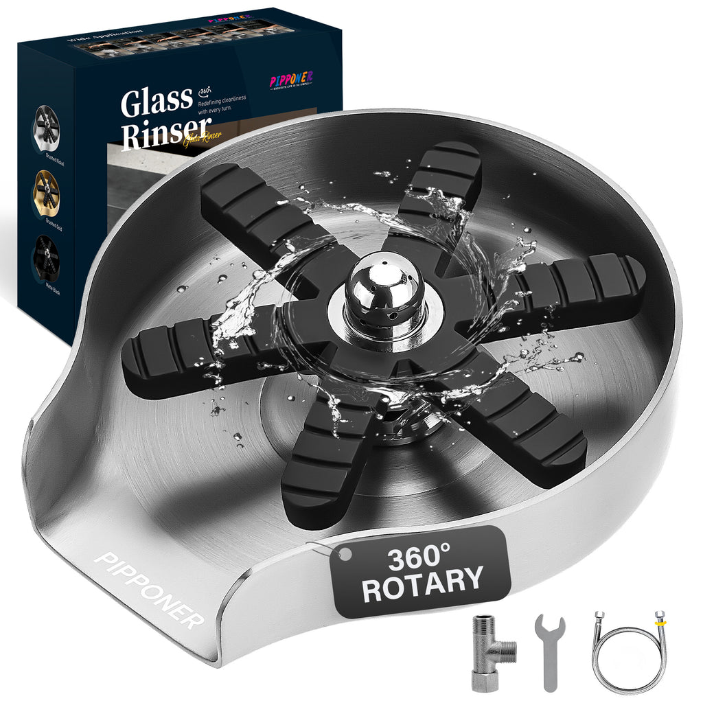 PIPPONER 360° High-Pressure Glass Rinser for Kitchen Sink – 5" Stainless Steel Cup Washer with Rotating Jet Nozzle