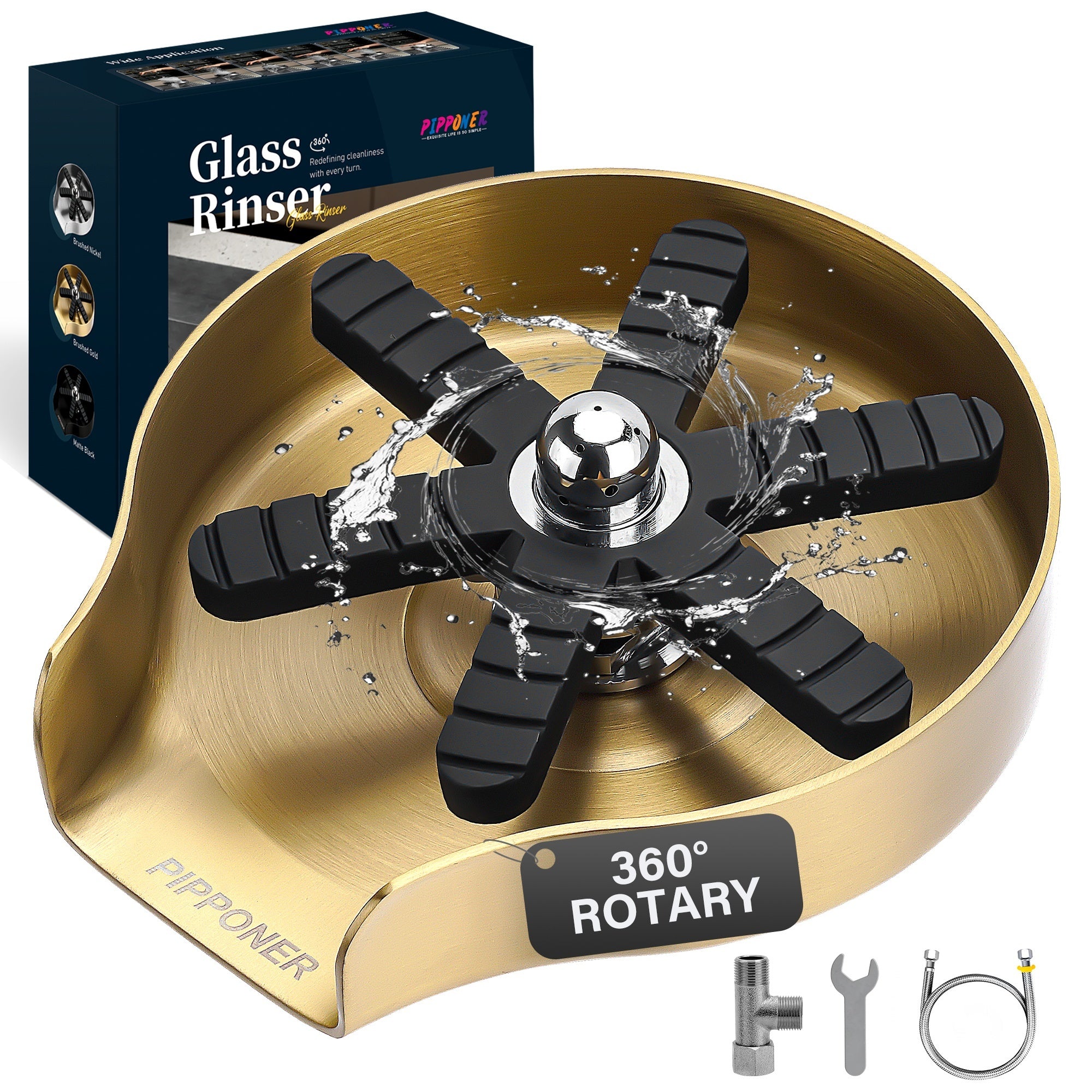 PIPPONER 360° High-Pressure Glass Rinser for Kitchen Sink – 5" Stainless Steel Cup Washer with Rotating Jet Nozzle