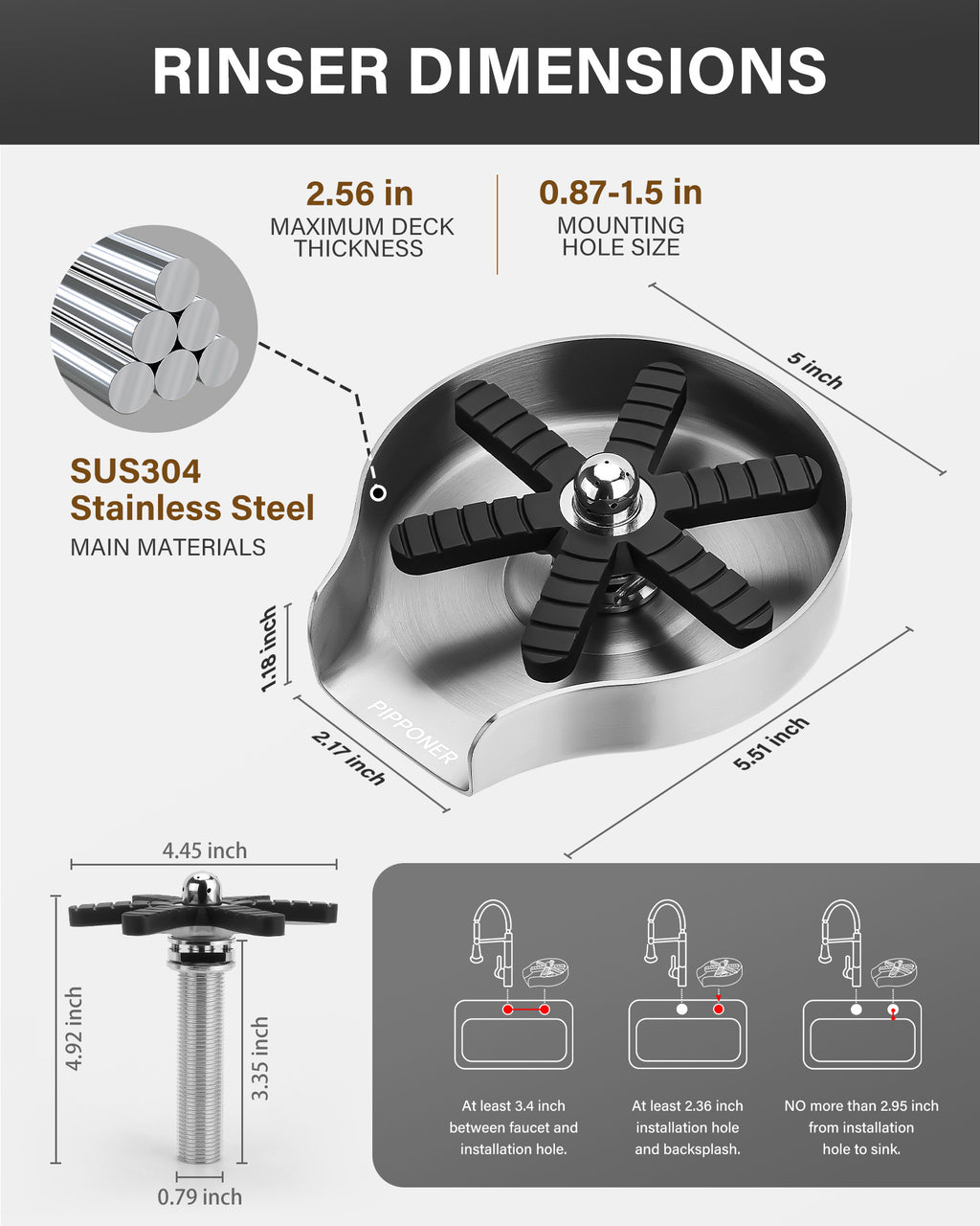 PIPPONER 360° High-Pressure Glass Rinser for Kitchen Sink – 5" Stainless Steel Cup Washer with Rotating Jet Nozzle