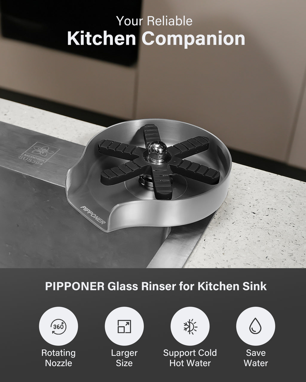 PIPPONER 360° High-Pressure Glass Rinser for Kitchen Sink – 5" Stainless Steel Cup Washer with Rotating Jet Nozzle