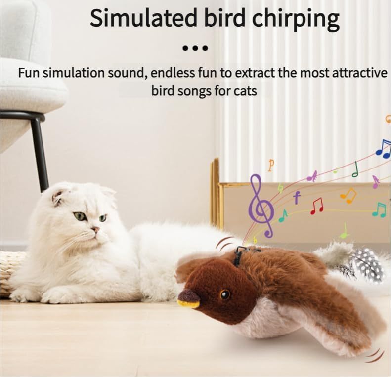 Interactive Chirping Bird Cat Toy – Rechargeable Flapping Feather Play Toy for Indoor Cats